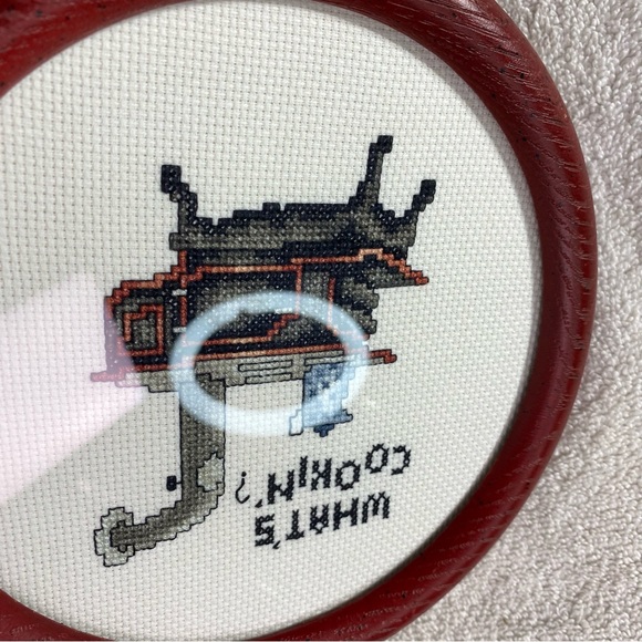 Vintage Handmade “What’s Cooking” Cross Stitch Wall Art W Round Red Brown Frame - Picture 7 of 10
